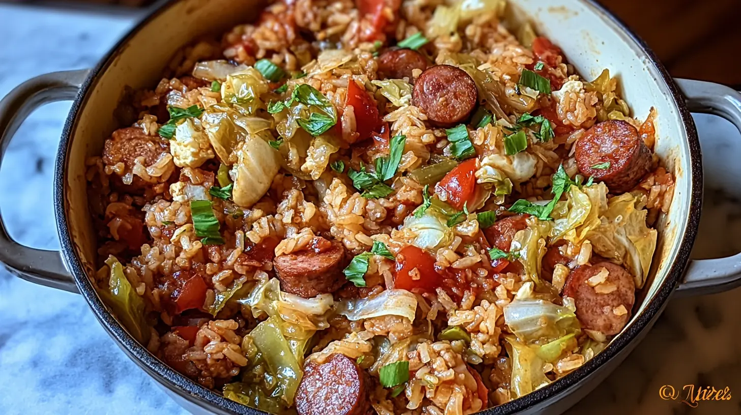 A full serving of cajun cabbage jambalaya dish in a rustic bowl