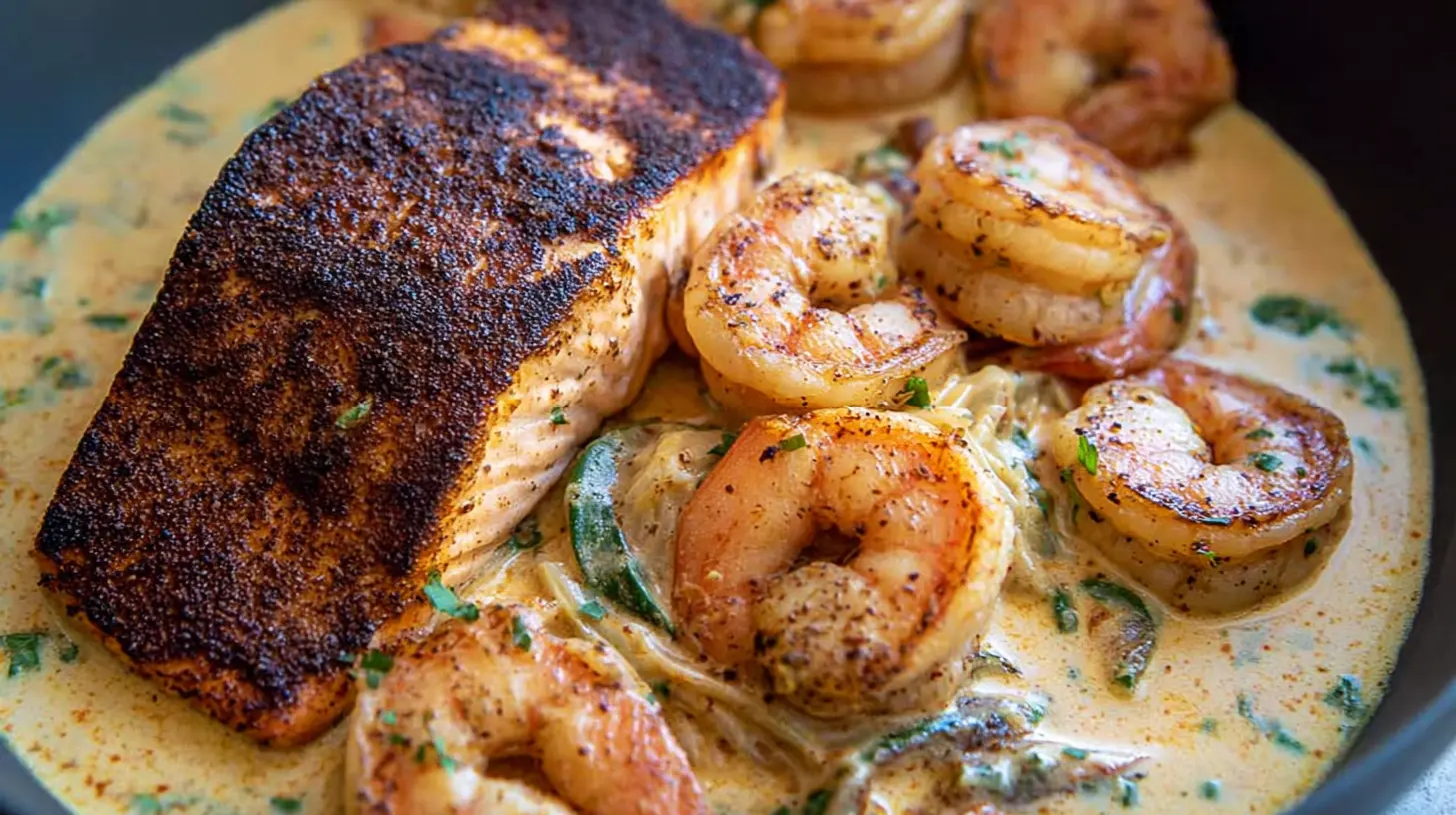 A serving of Cajun shrimp and salmon with a rich garlic cream sauce.