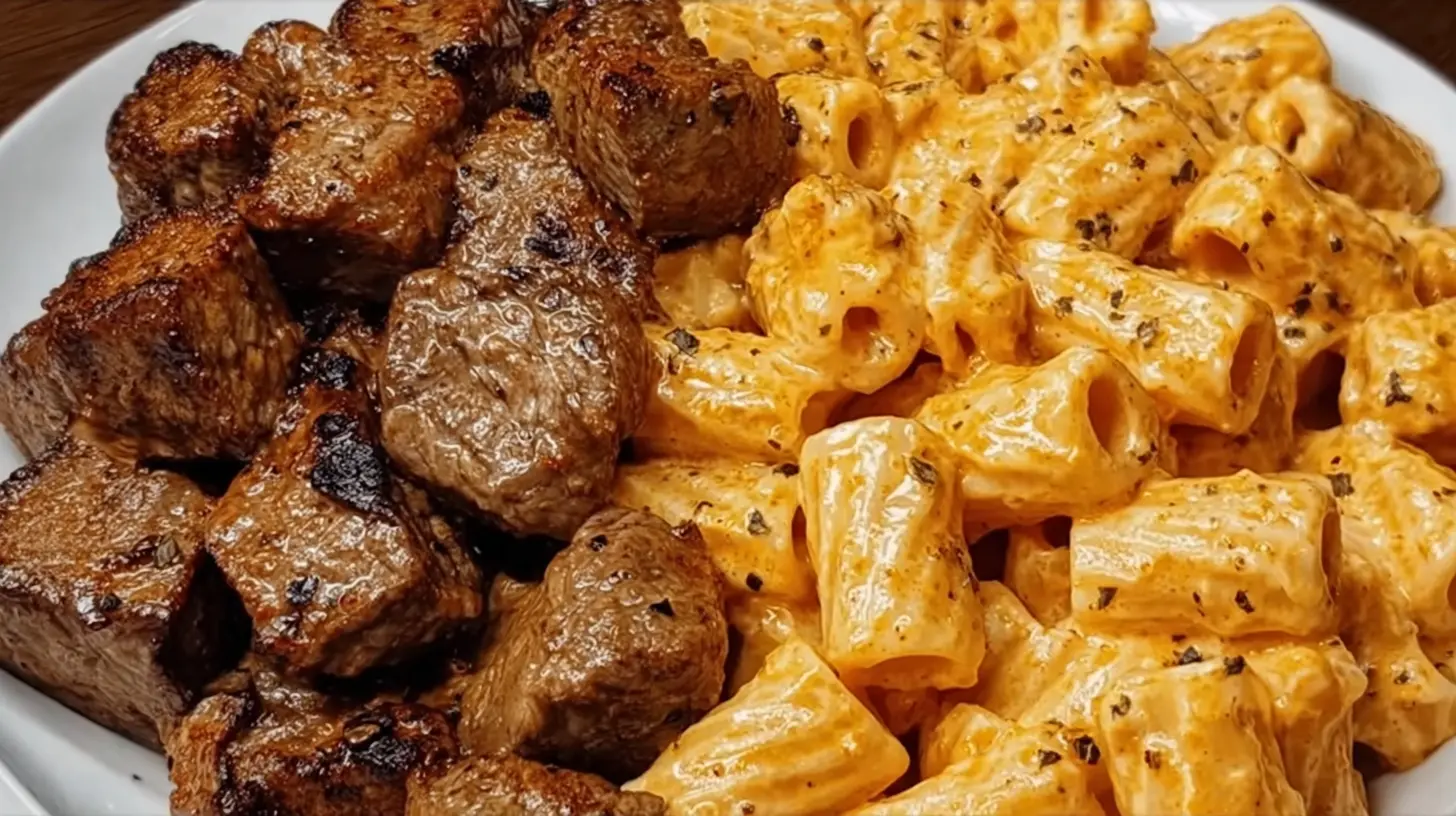 A serving of cozy homemade Cajun steak tips with cheesy Rigatoni pasta on a rustic plate.