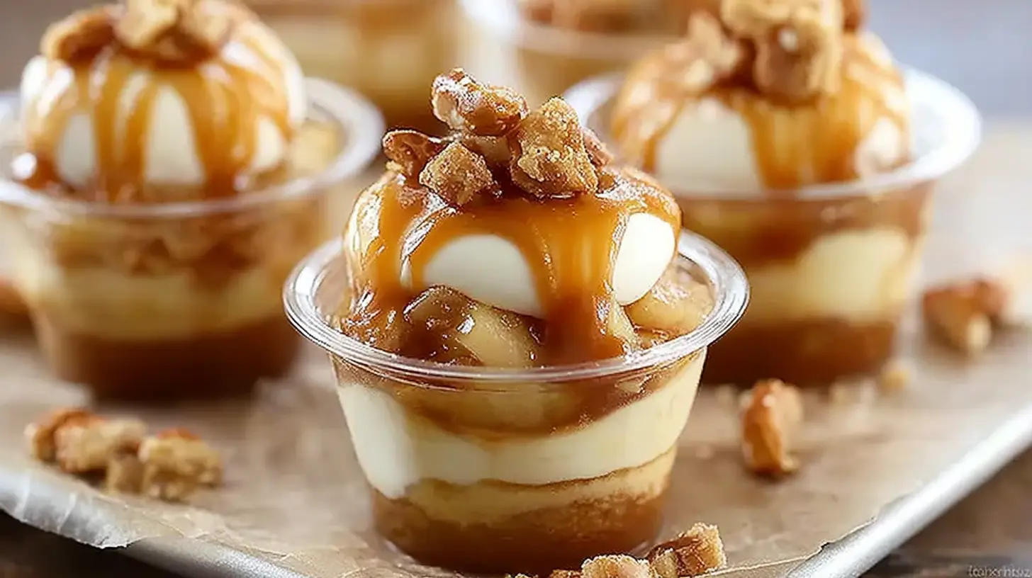 A collection of tempting caramel apple dessert cups, ready to serve.