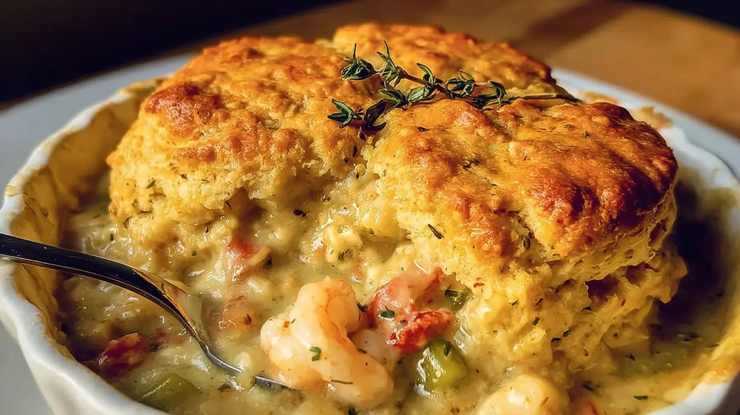 A steaming Cheddar Bay Biscuit Seafood Pot Pie in a serving dish, ready to eat