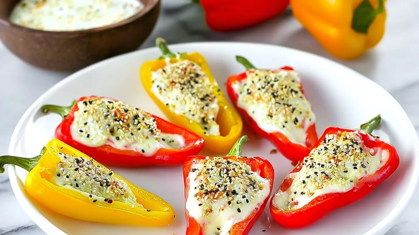 Mini peppers stuffed with cheese and everything bagel seasoning