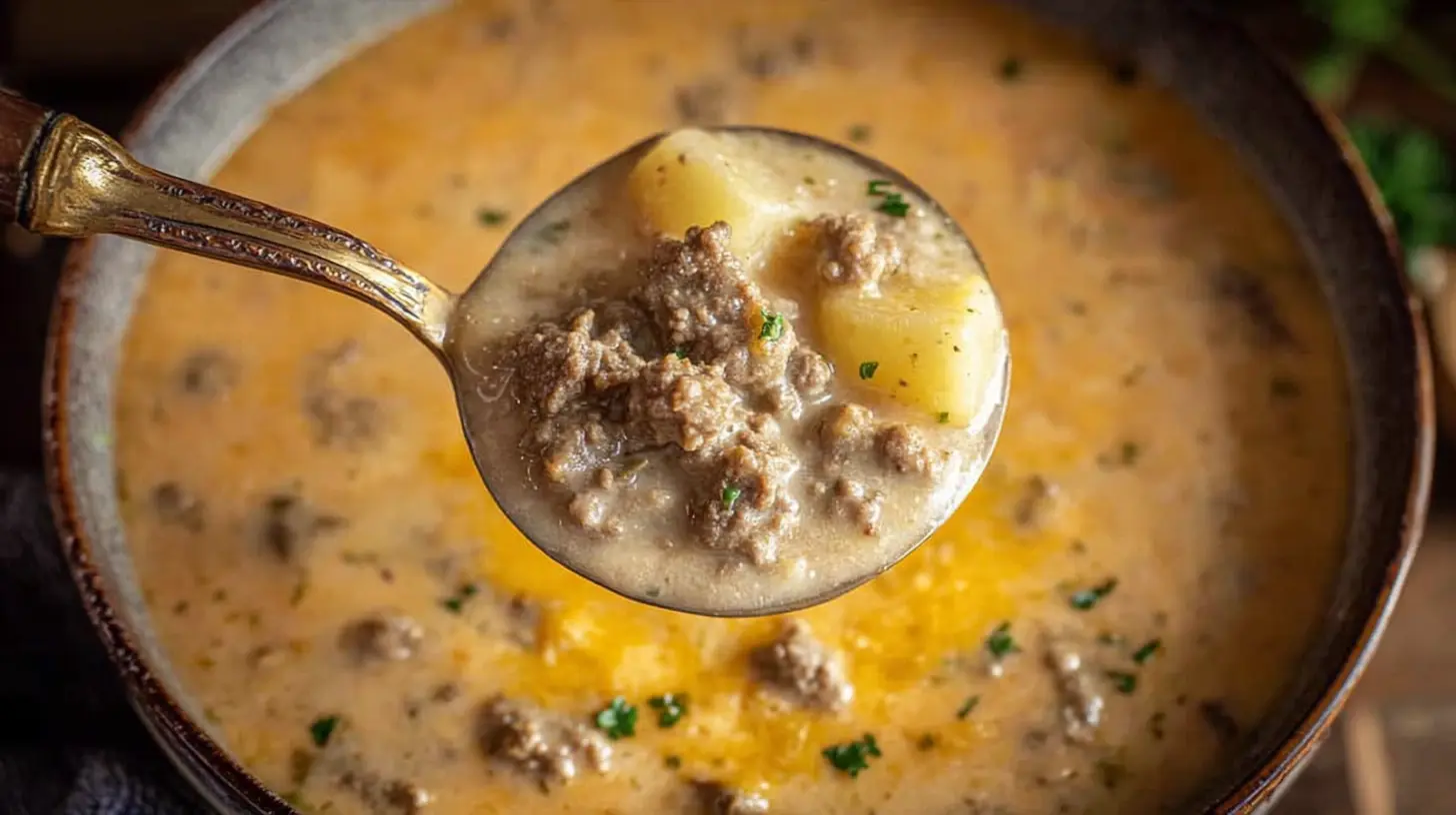 A steaming bowl of cheesy beef and potato soup garnished with fresh herbs