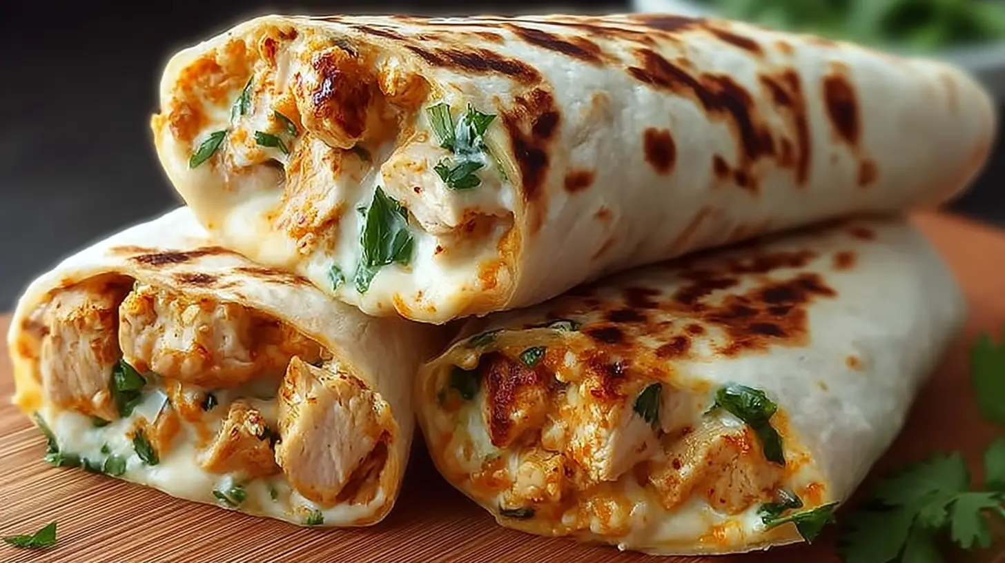 A close-up of a cheesy chicken garlic wrap, freshly made.