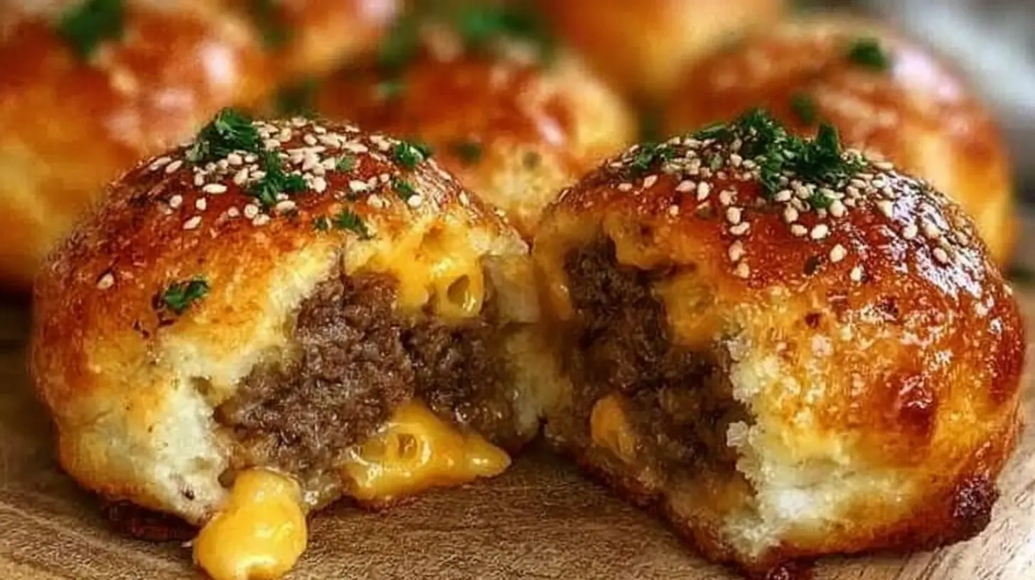 Several golden-brown Garlic Parmesan Cheeseburger Bombs arranged on a baking sheet, ready to serve.