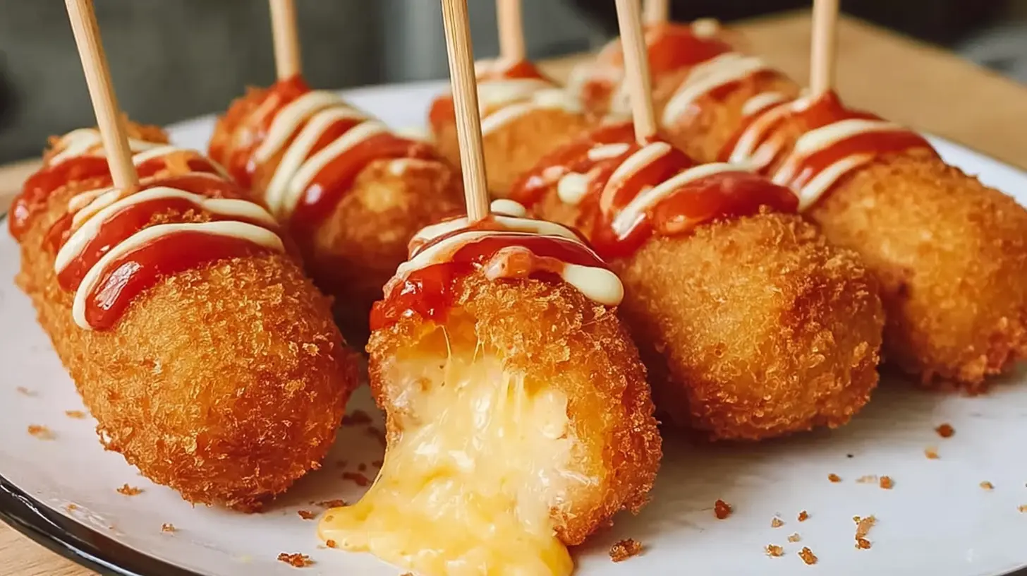 A plate of delicious Easy Korean Corn Dogs showcasing their melty cheese filling.