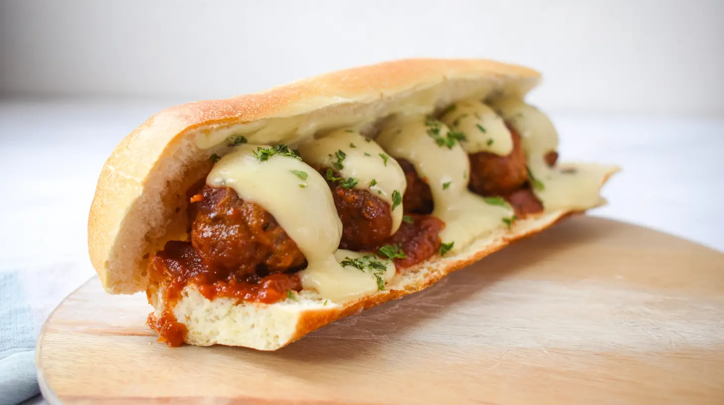 Delicious cheesy meatball subs with melted mozzarella and marinara sauce