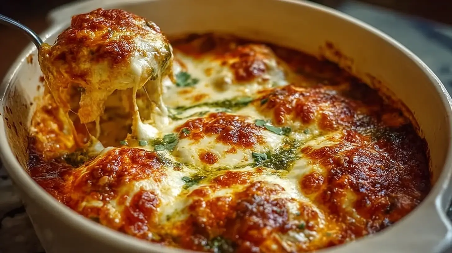 A warm Cheesy Mozzarella Chicken Casserole baking in a dish.