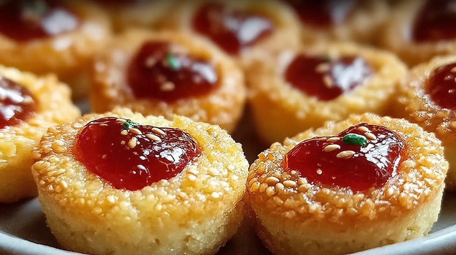 Platter of small, round cheesy thumbprint appetizers with a savory filling