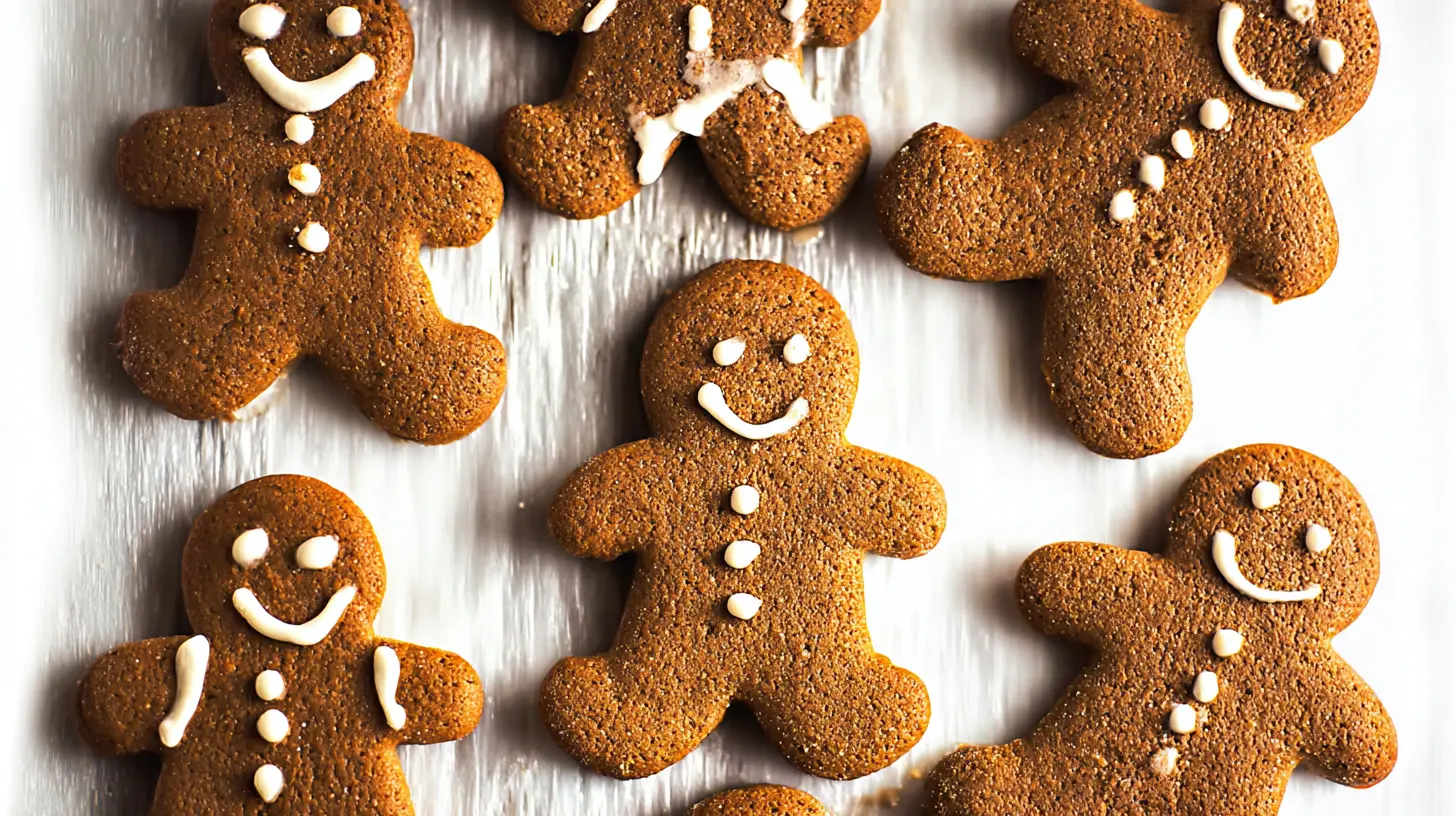A plate of freshly baked chewy gingerbread man cookies, decorated with white icing smiles.