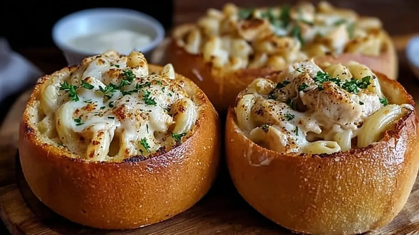 Delicious chicken alfredo served in warm garlic bread bowls