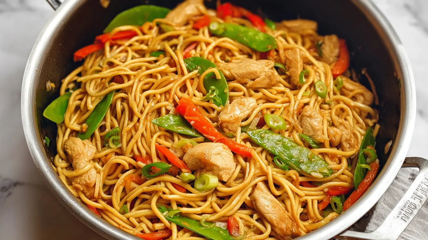 Closeup of a steaming plate of chicken lo mein noodles mixed with chicken pieces.