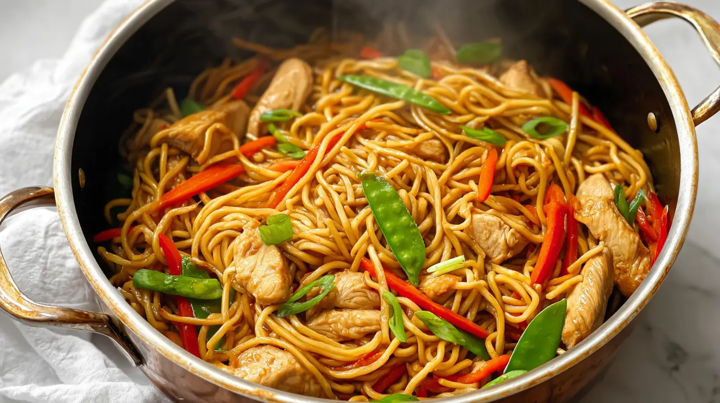A vibrant bowl of chicken lo mein with tender chicken and fresh vegetables.
