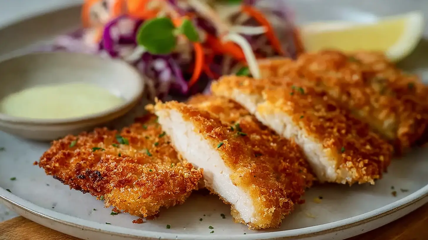A perfectly breaded and fried chicken schnitzel with a crispy golden crust
