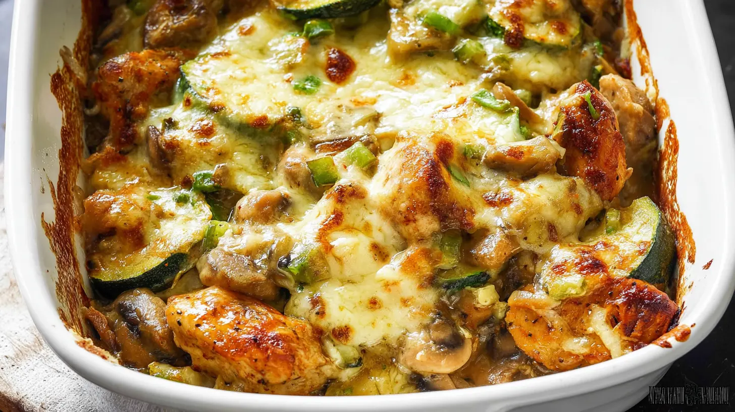 A delicious chicken zucchini bake, freshly cooked.