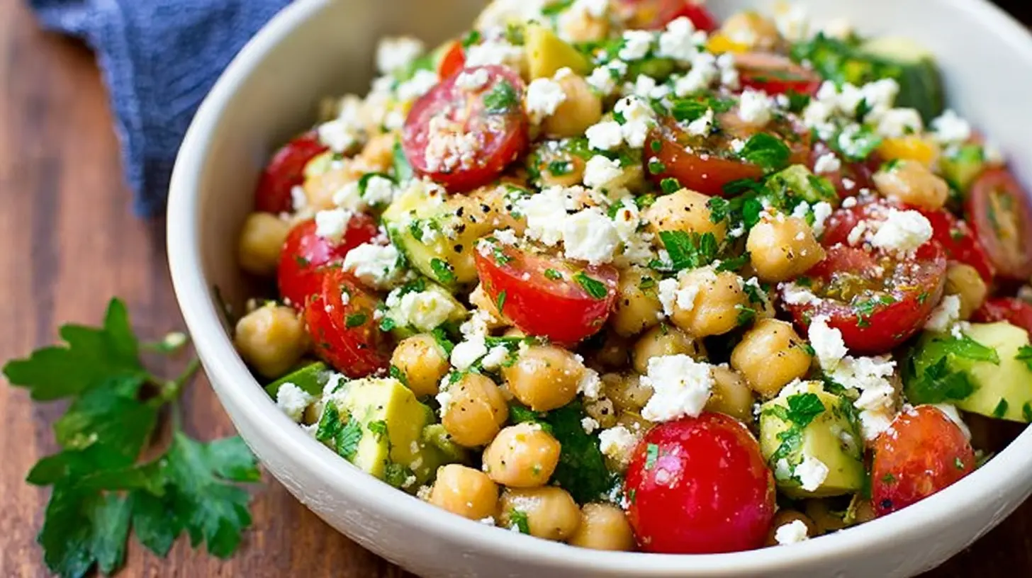 A refreshing Chickpea Feta Avocado Salad in a white bowl