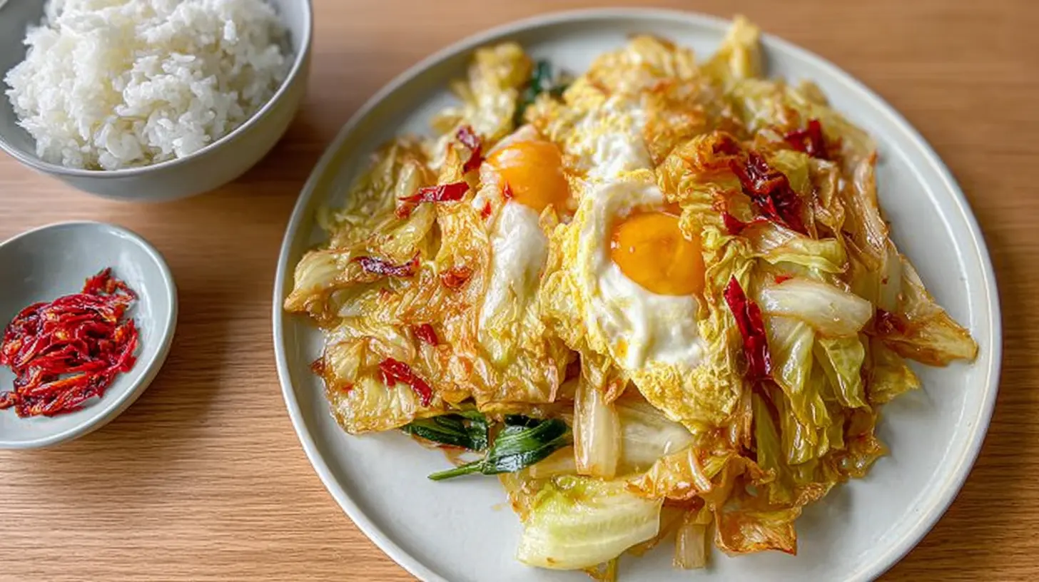 A vibrant bowl of chinese cabbage egg stir fry with visible egg pieces