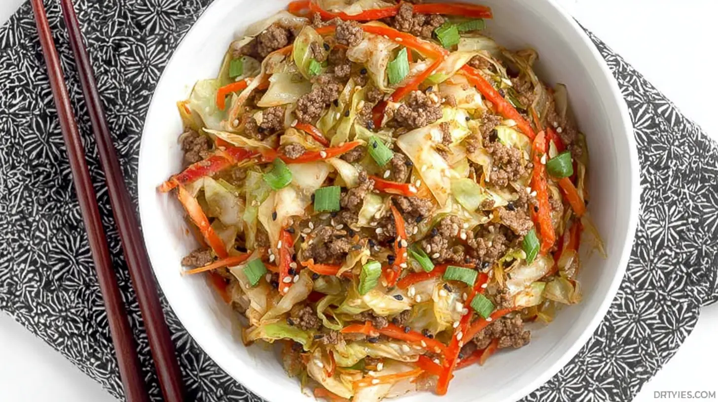A vibrant Chinese ground beef and cabbage stir-fry, rich with colorful vegetables