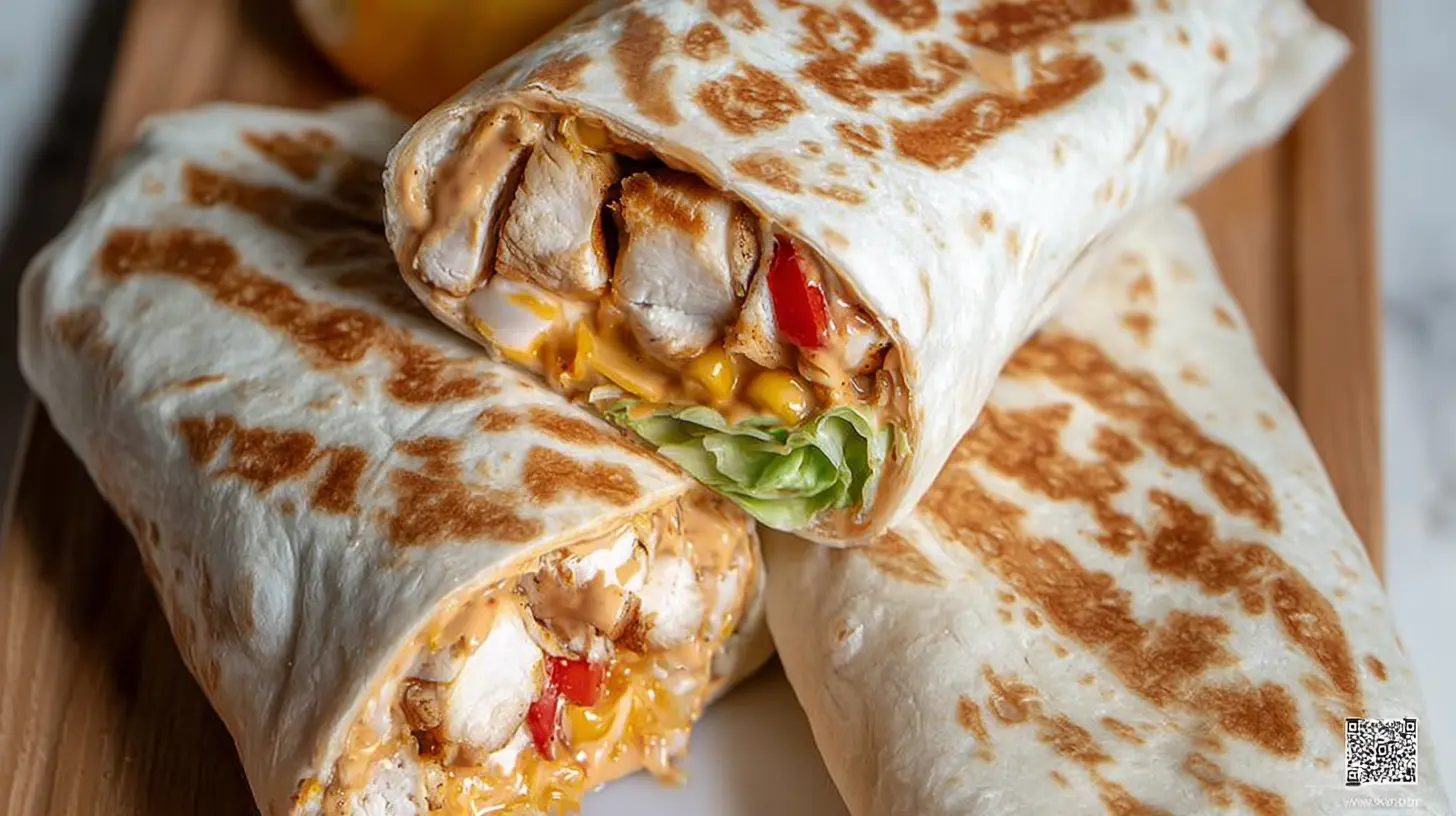 A close-up of a Chipotle Ranch Grilled Chicken Burrito, showing its golden-brown tortilla and savory fillings.