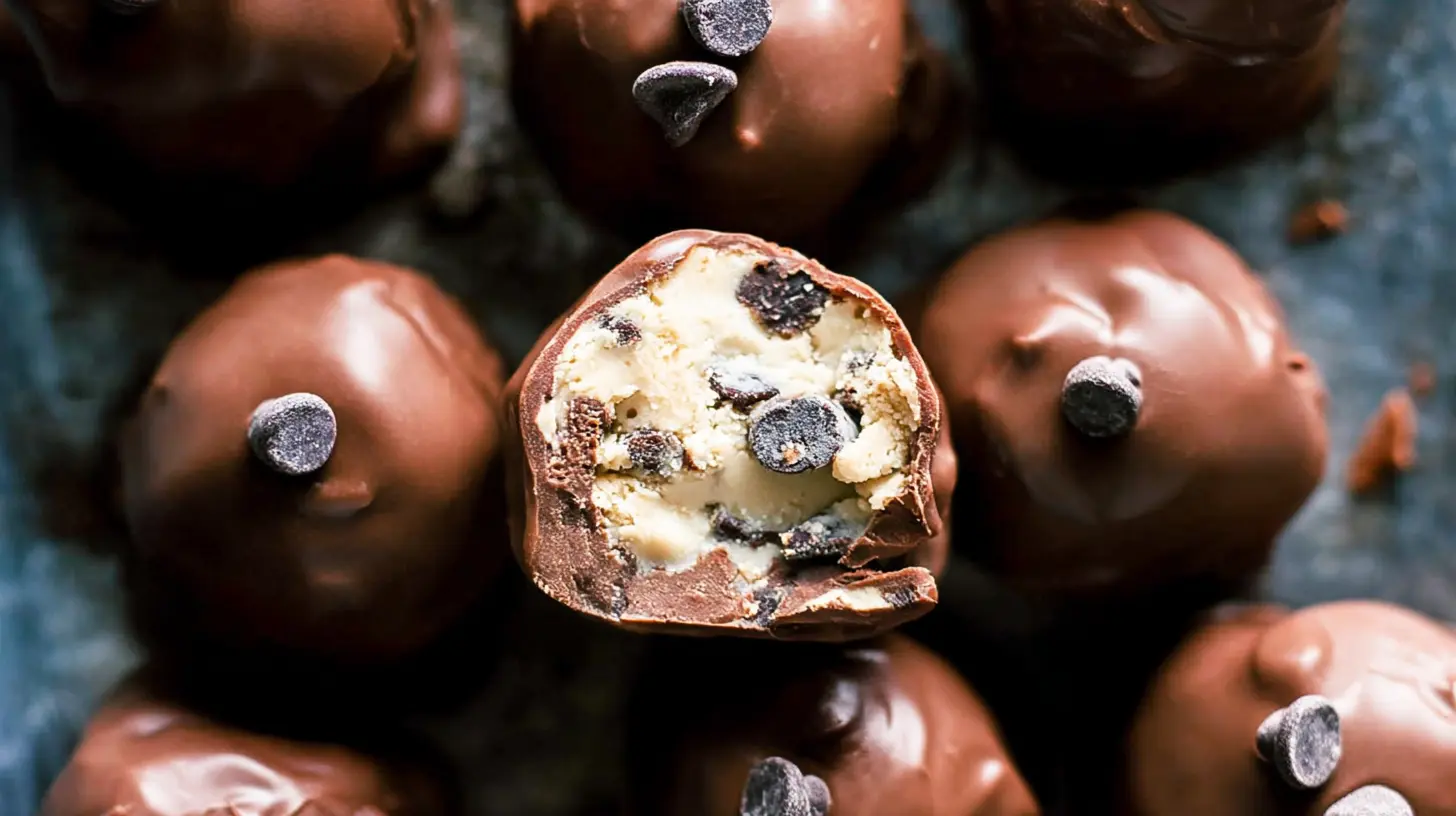 A close-up shot of decadent chocolate chip cookie dough truffles, sprinkled with chocolate shavings.
