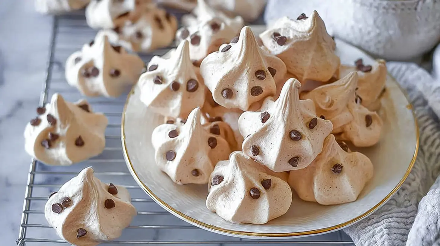 A close-up of a platter of fluffy chocolate meringue cookies with a slight sheen.