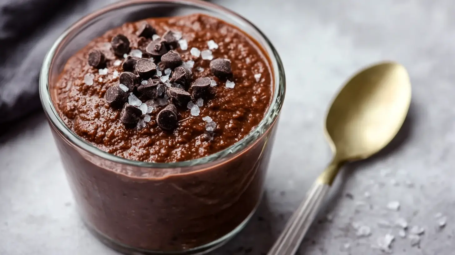 A serving of rich chocolate protein pudding in a glass.