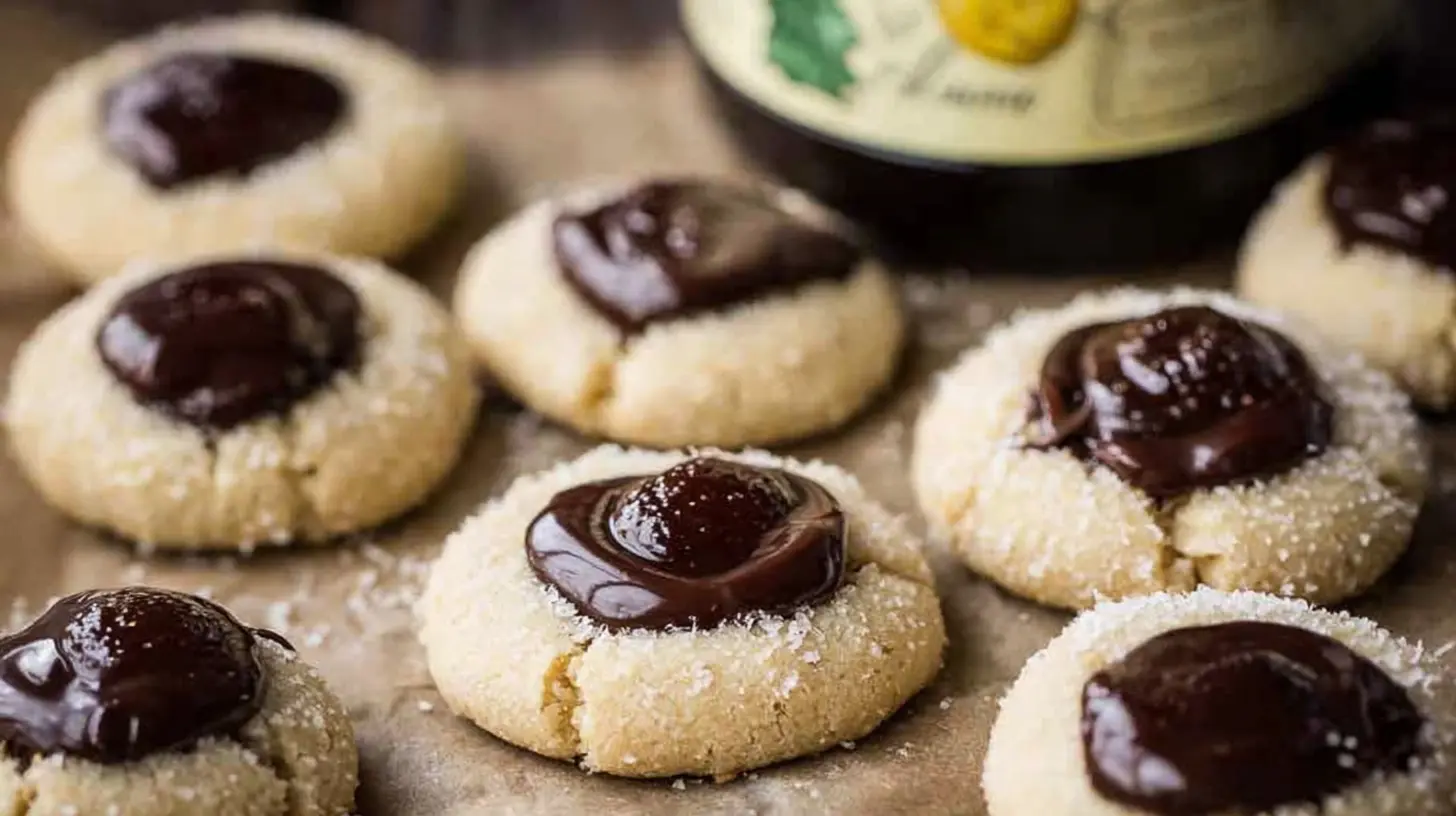 A close-up of multiple chocolate thumbprint cookies with a rich chocolate filling.