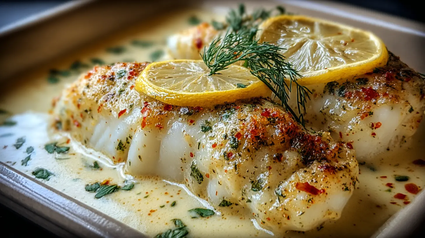 A serving of coconut lemon cream cod on a plate with fresh herbs