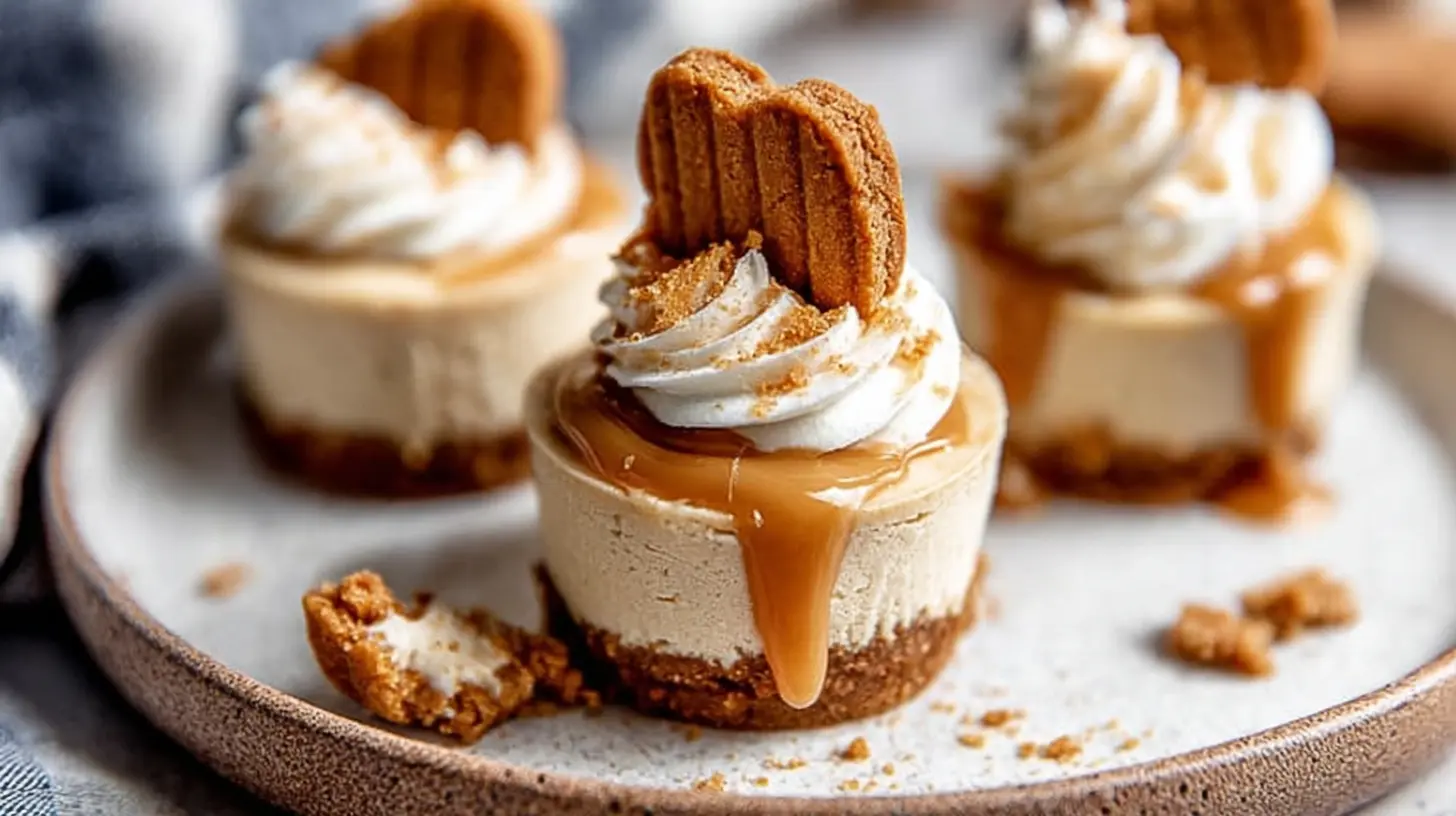 Several cookie butter cheesecake cups are arranged on a serving tray.