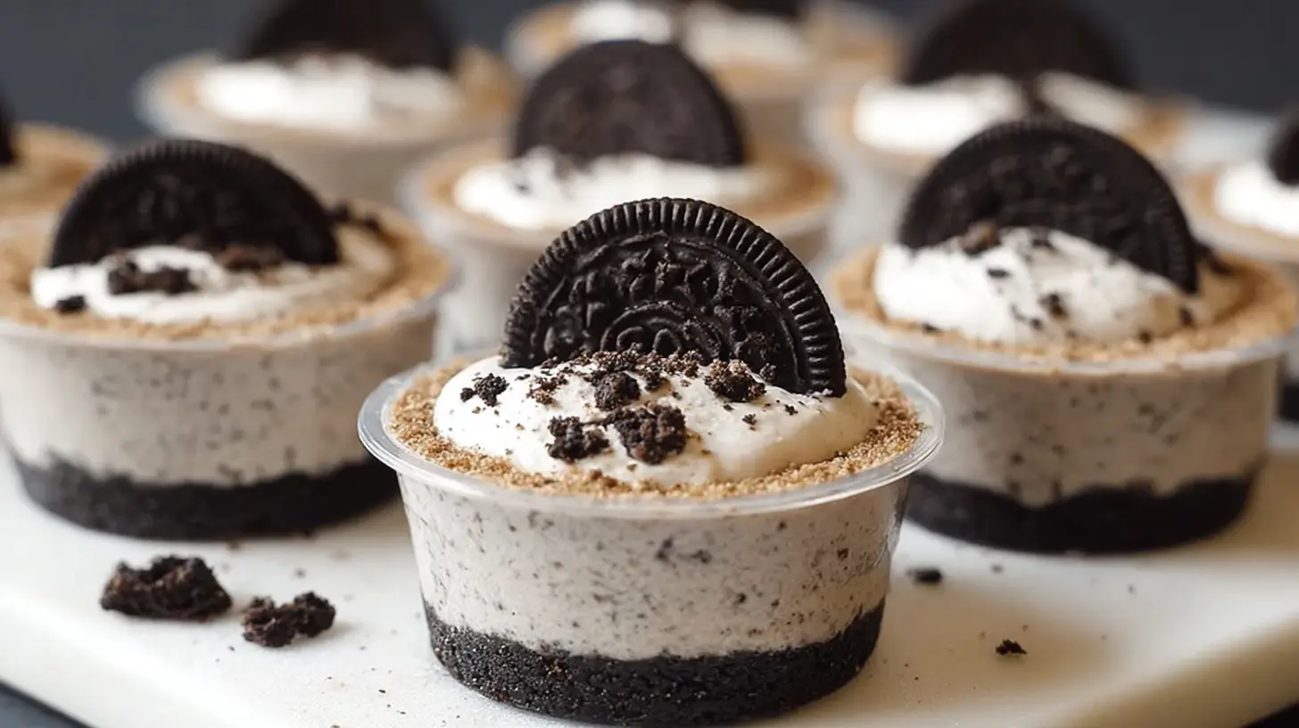 Four clear glass cups filled with Cookies and Cream Dessert Cups, layered with crumbled cookies and white cream.