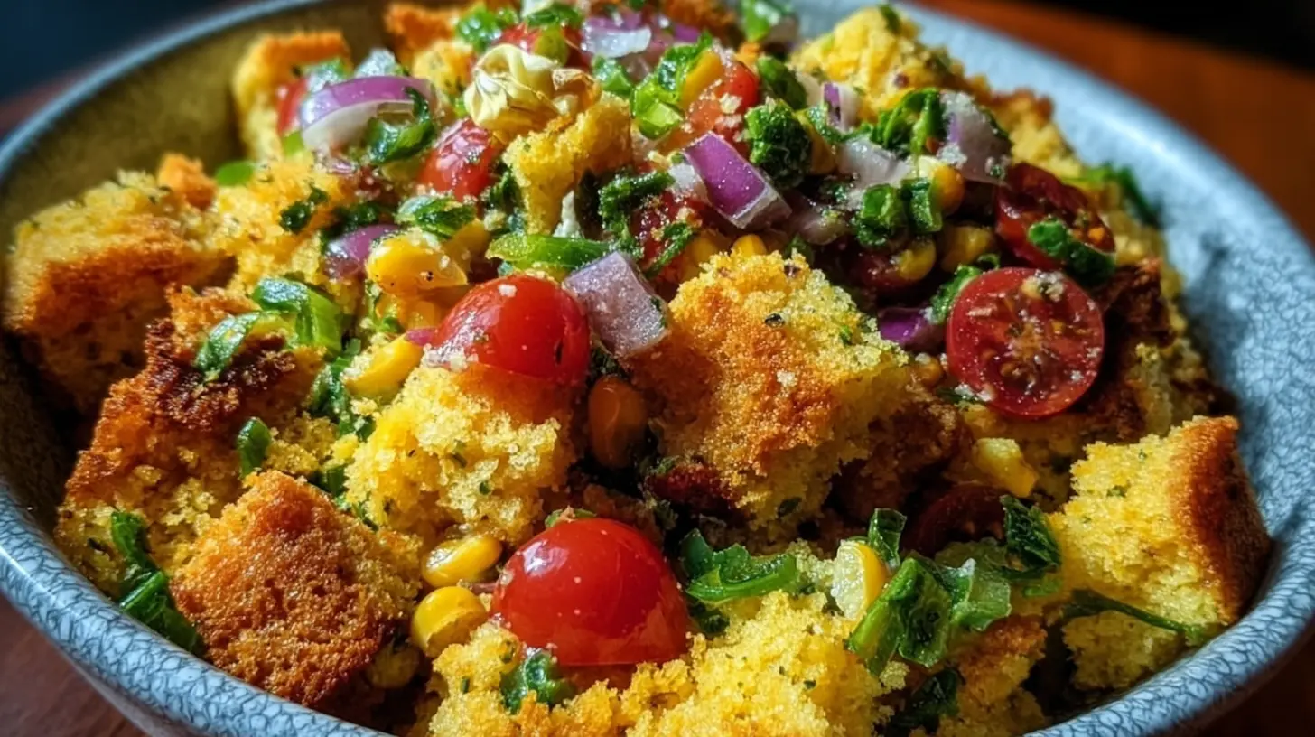 A vibrant cornbread salad featuring multiple layers of fresh ingredients