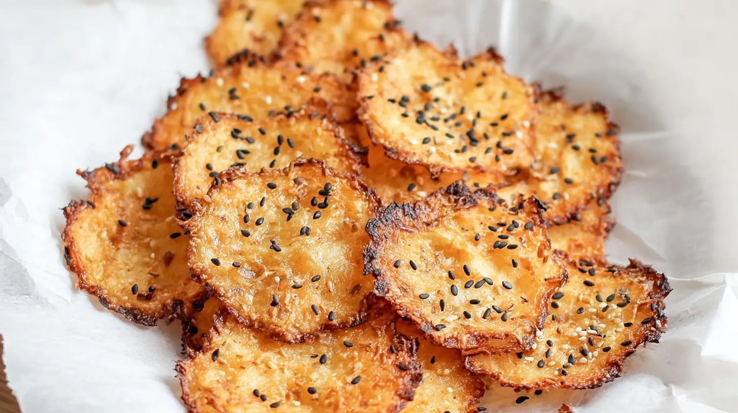 A close-up of crispy baked cottage cheese chips, golden brown and seasoned.