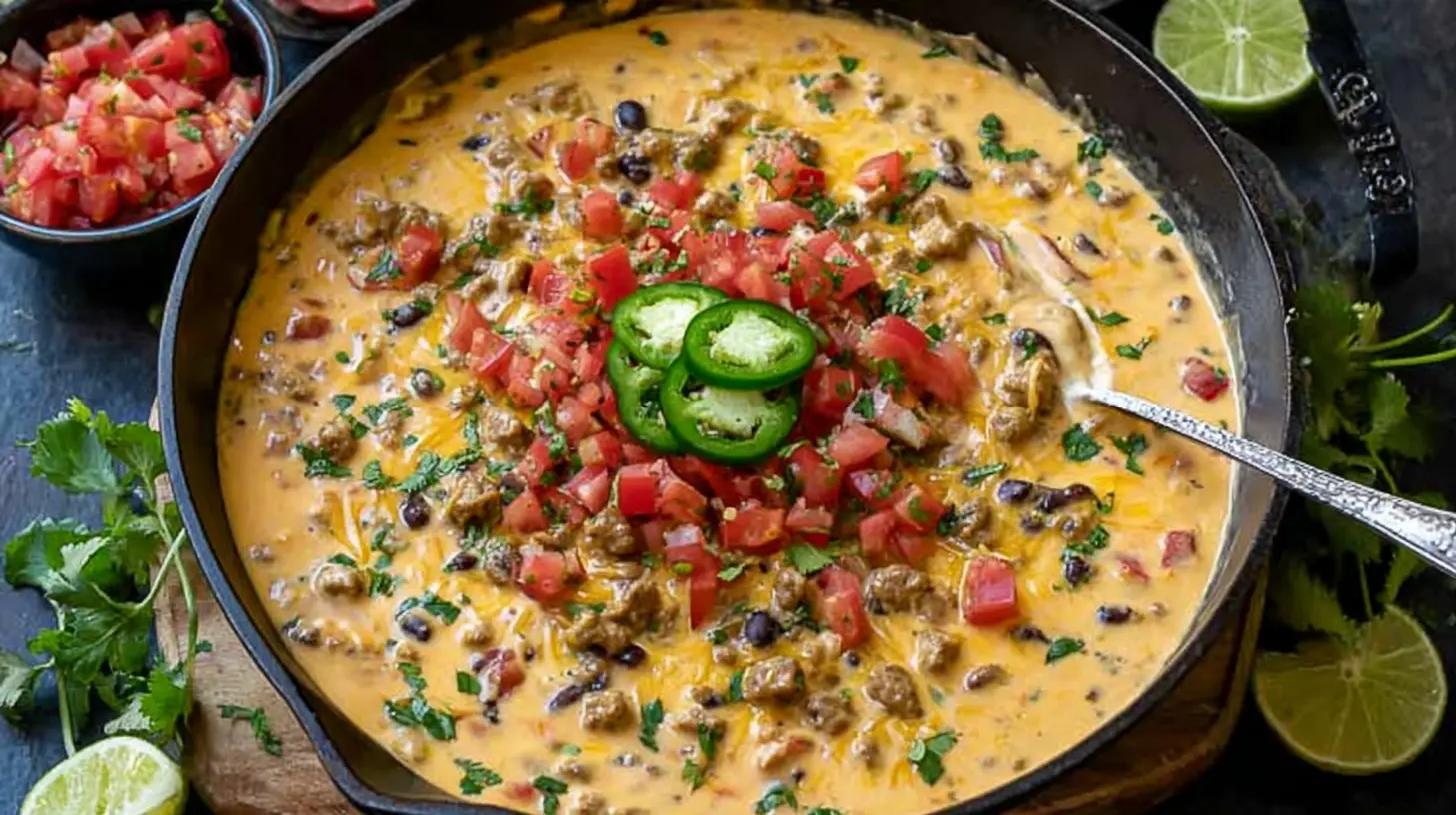 A bubbling skillet of savory Cowboy Queso, ready to be served hot.