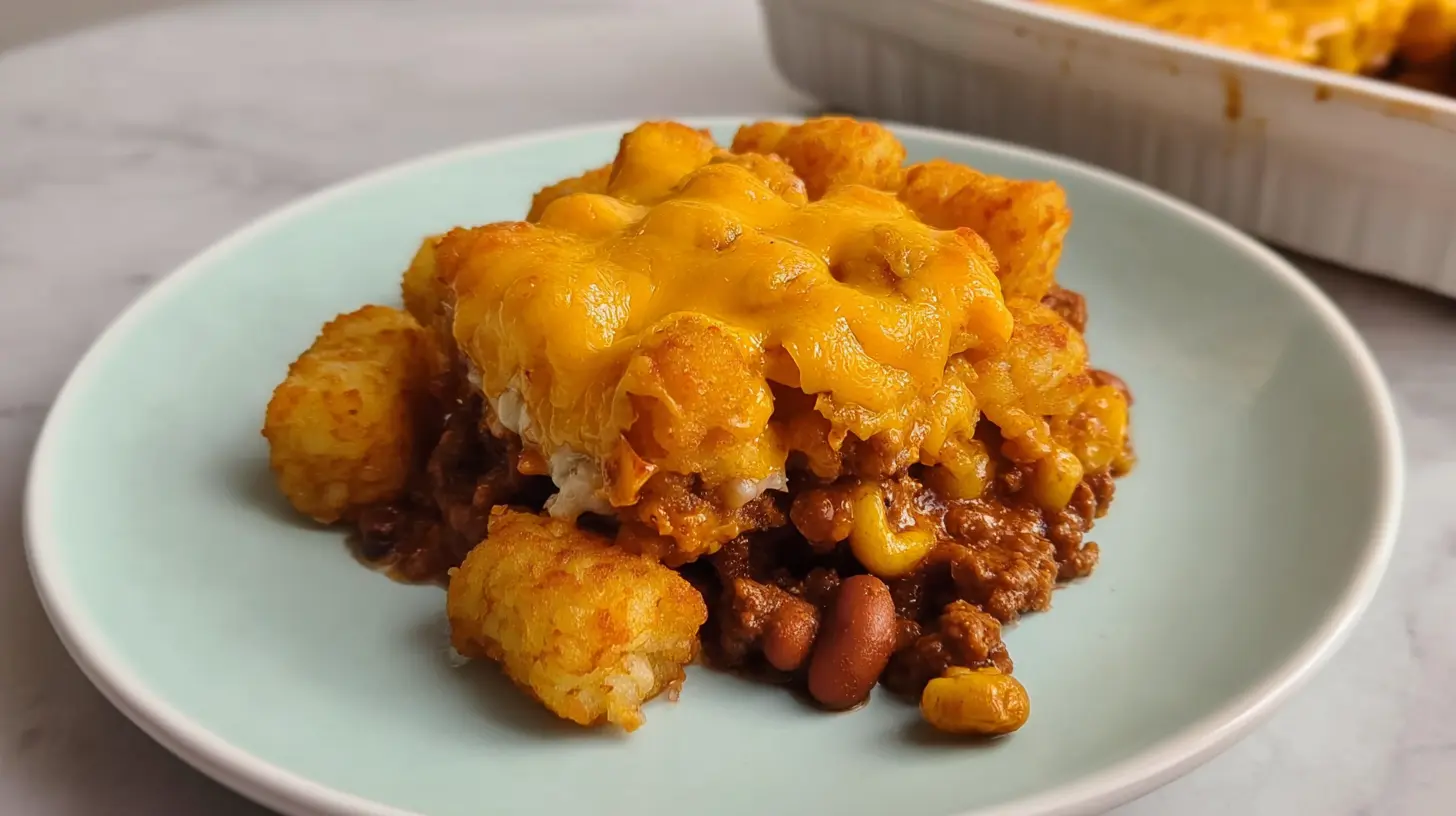A cozy homemade Chili Cheese Tater Tot Casserole bubbling hot from the oven