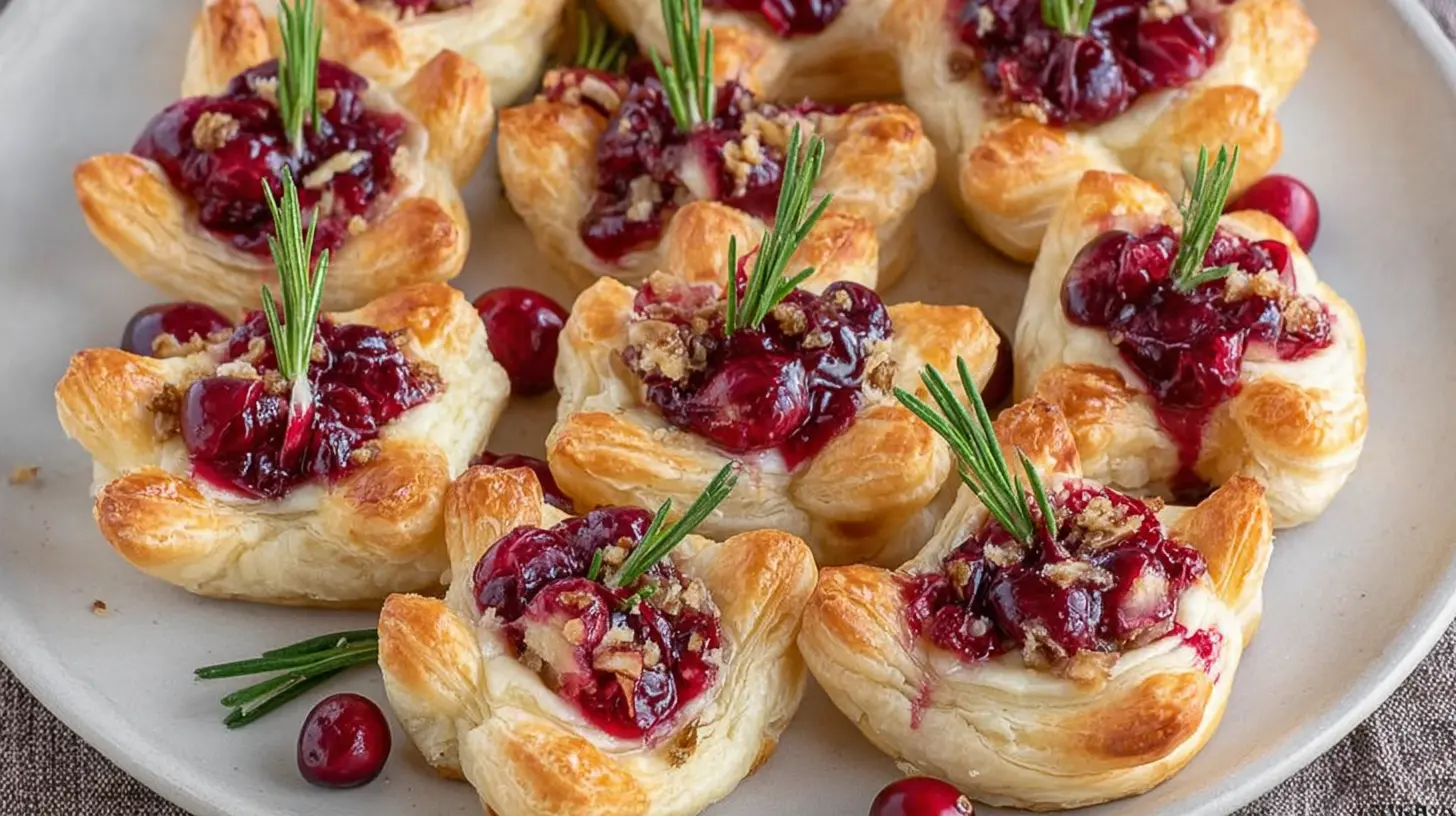 Close-up of cranberry brie bites, perfectly golden brown