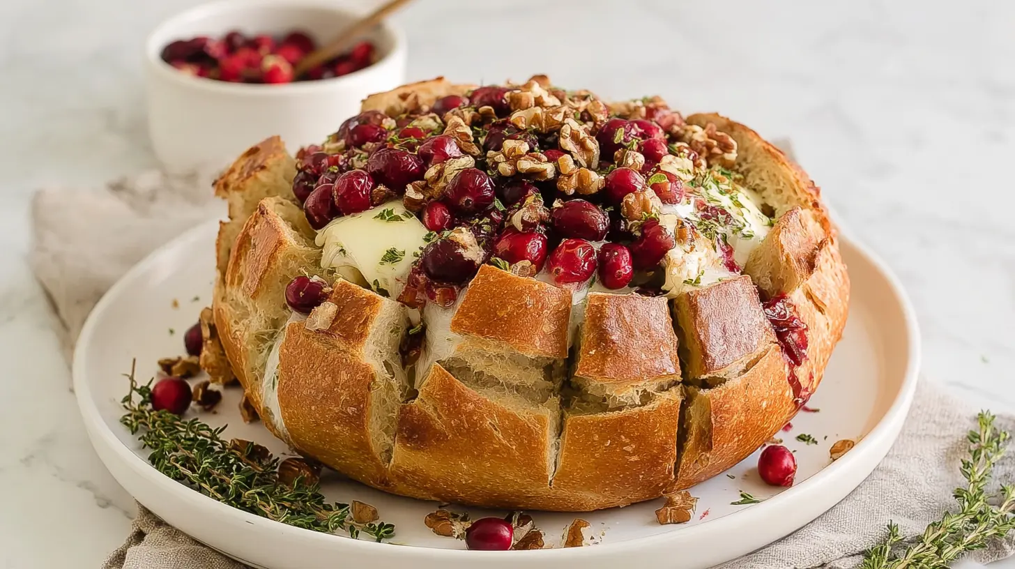 A rustic cranberry brie sourdough bread loaf with a crispy crust.