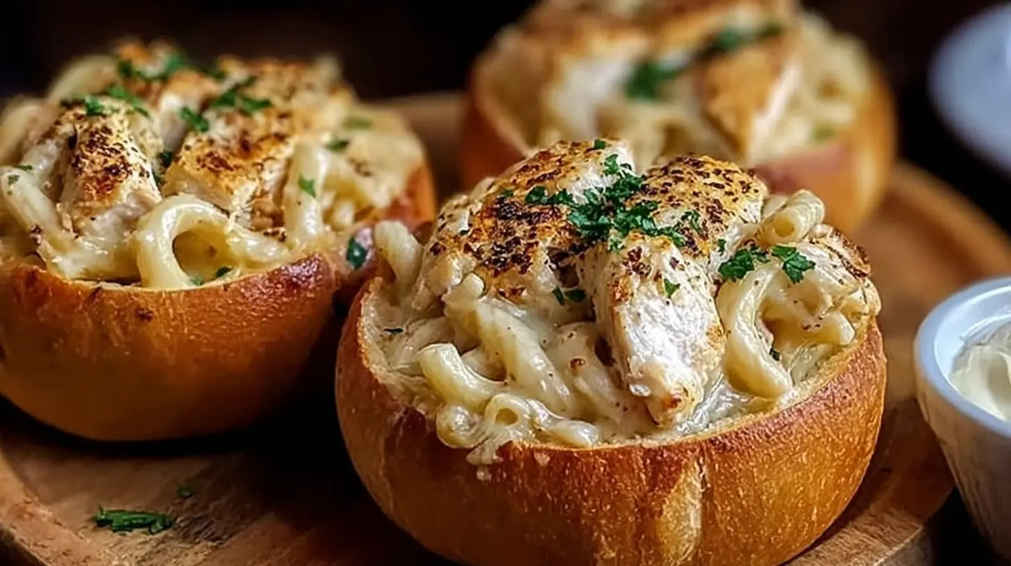 Close-up of chicken alfredo overflowing from a garlic bread bowl