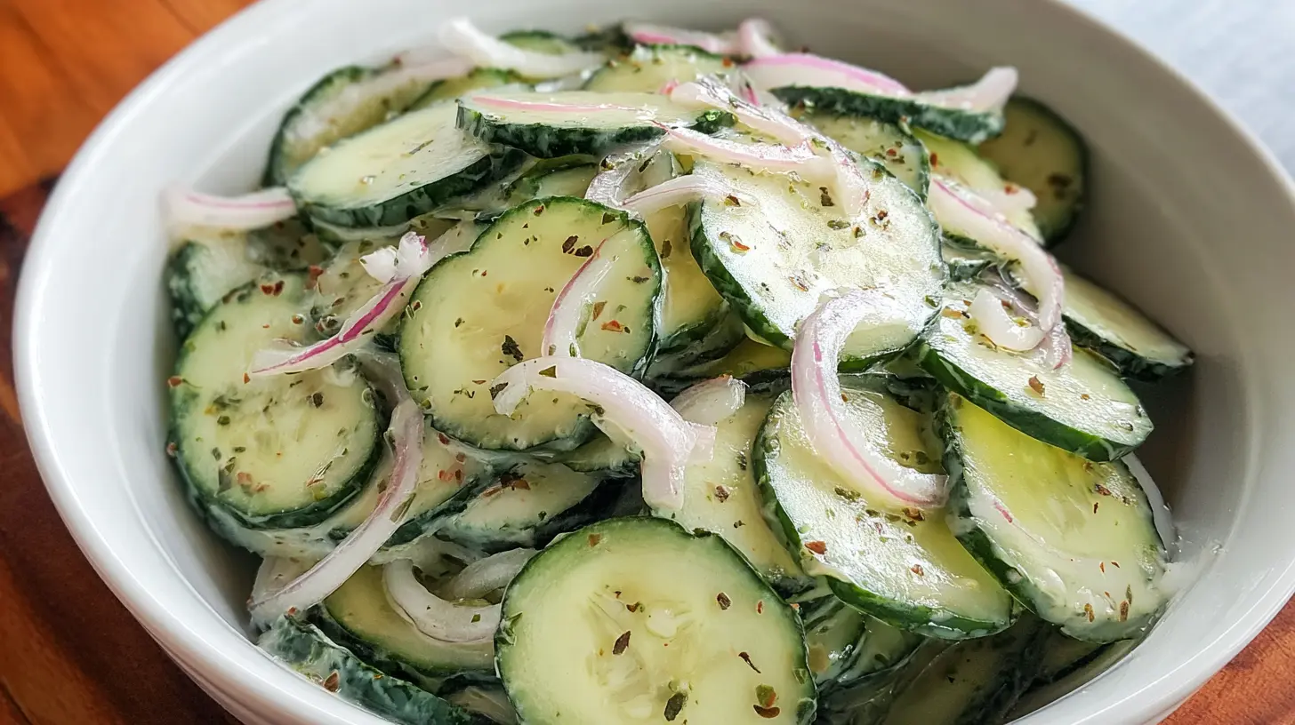 A bowl of creamy Asian cucumber salad garnished with sesame seeds.