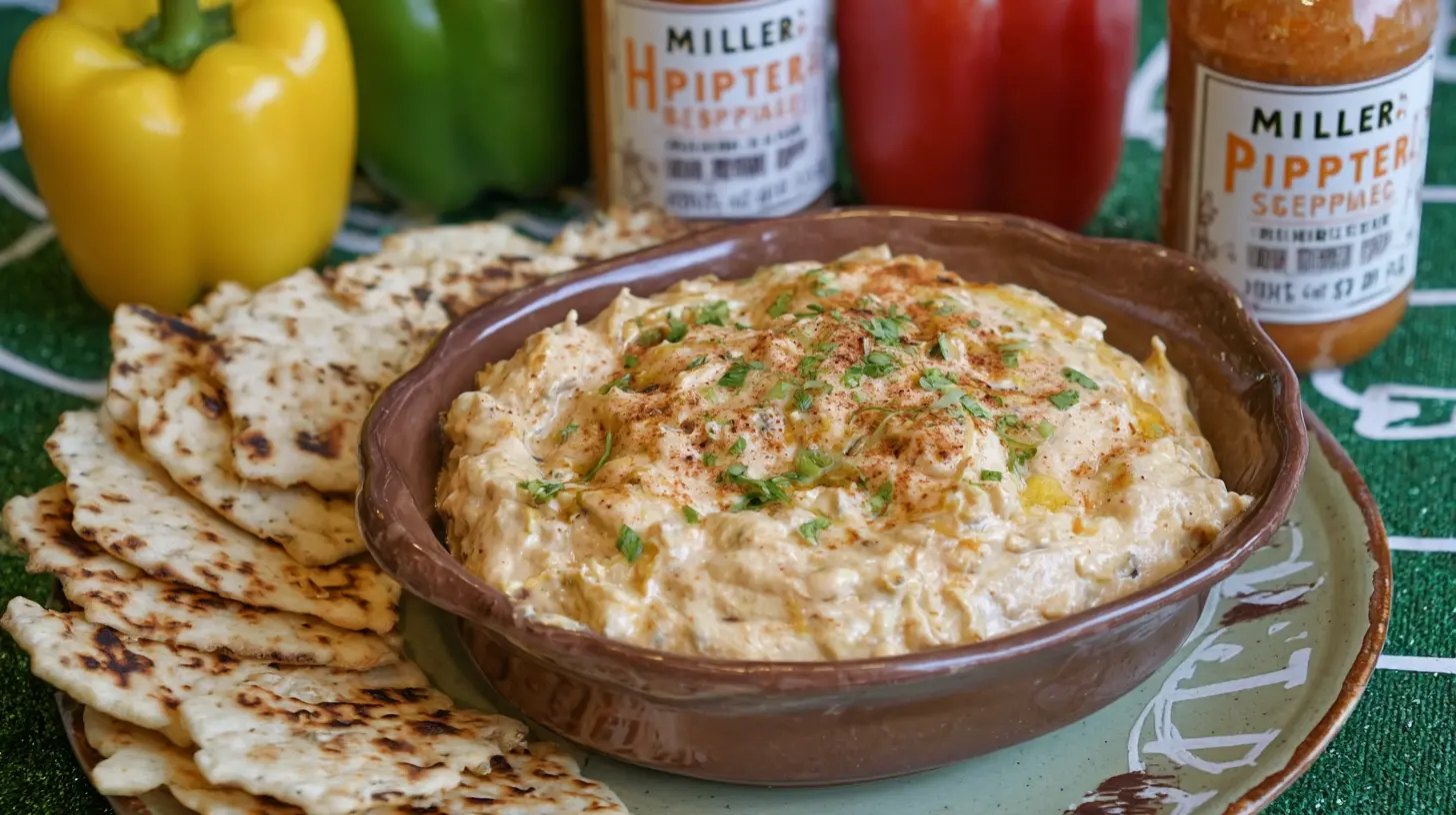 A serving of creamy banana pepper chicken dip in a rustic bowl, garnished with fresh herbs.