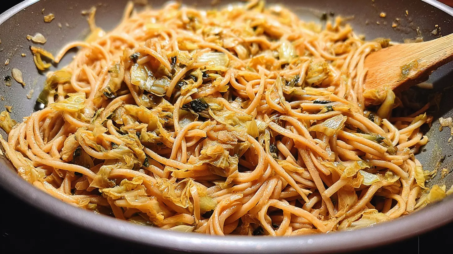 A serving of creamy caramelized cabbage pasta in a bowl.