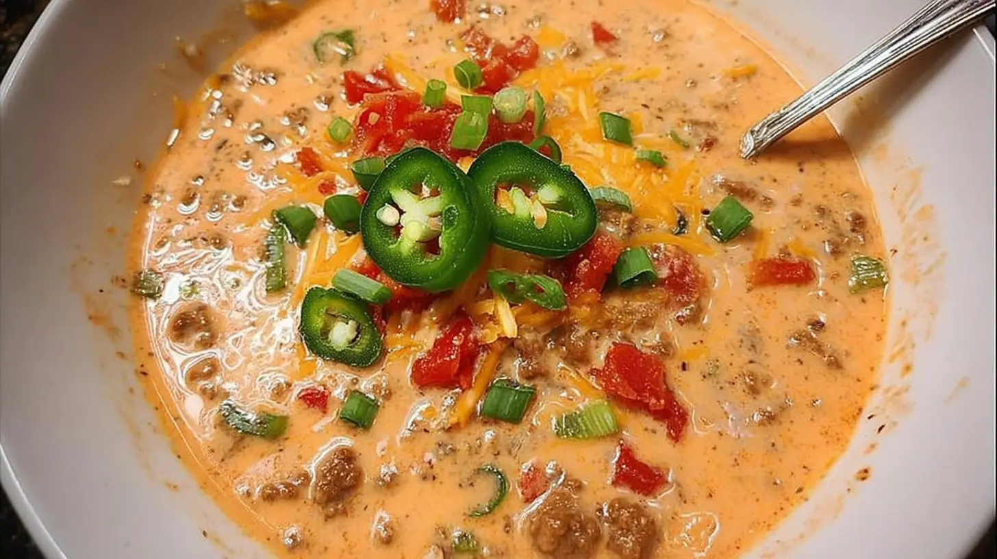 A bowl of creamy cheesy ground beef taco soup topped with sour cream and cilantro