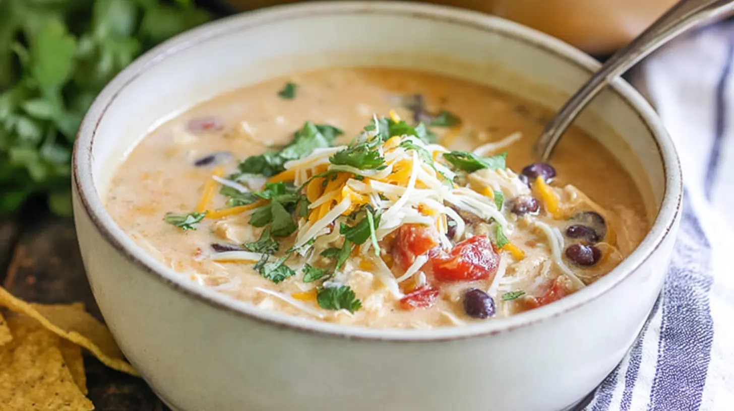 A steaming bowl of creamy chicken tortilla soup garnished with fresh cilantro and tortilla strips.