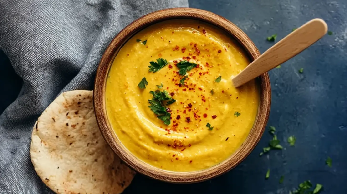 Close-up of a smooth, savory vegan chickpea sauce garnished with fresh herbs.