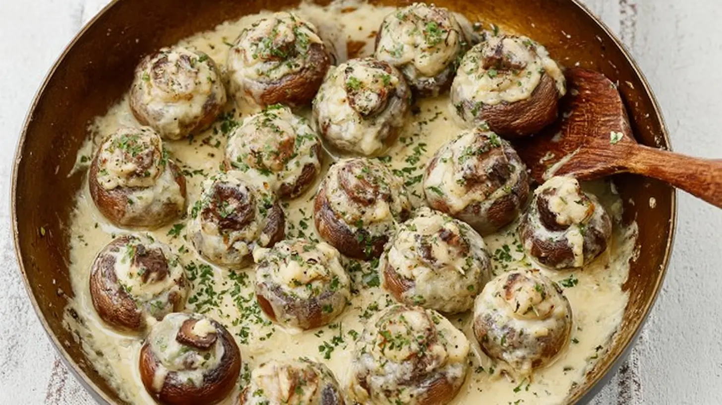 Close-up of creamy garlic and herb cheese filled roasted mushrooms, cooked to perfection.