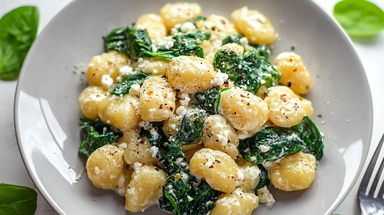 A plate of creamy gnocchi with spinach and feta