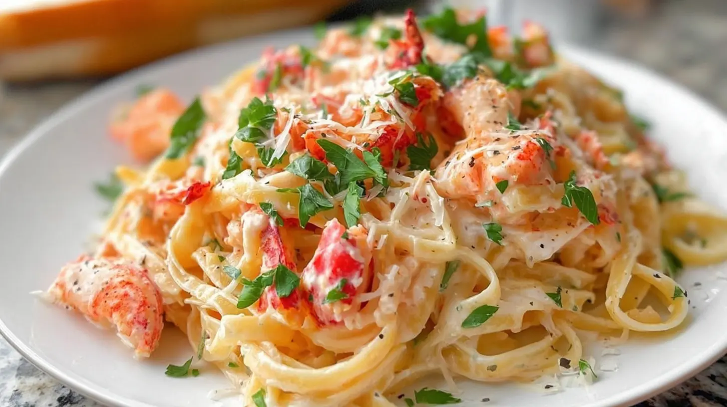 A plate of creamy lobster alfredo pasta with generous pieces of lobster meat