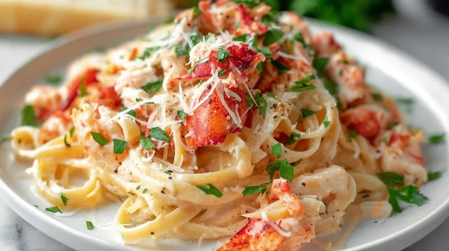 A serving of creamy lobster alfredo pasta with generous pieces of lobster meat