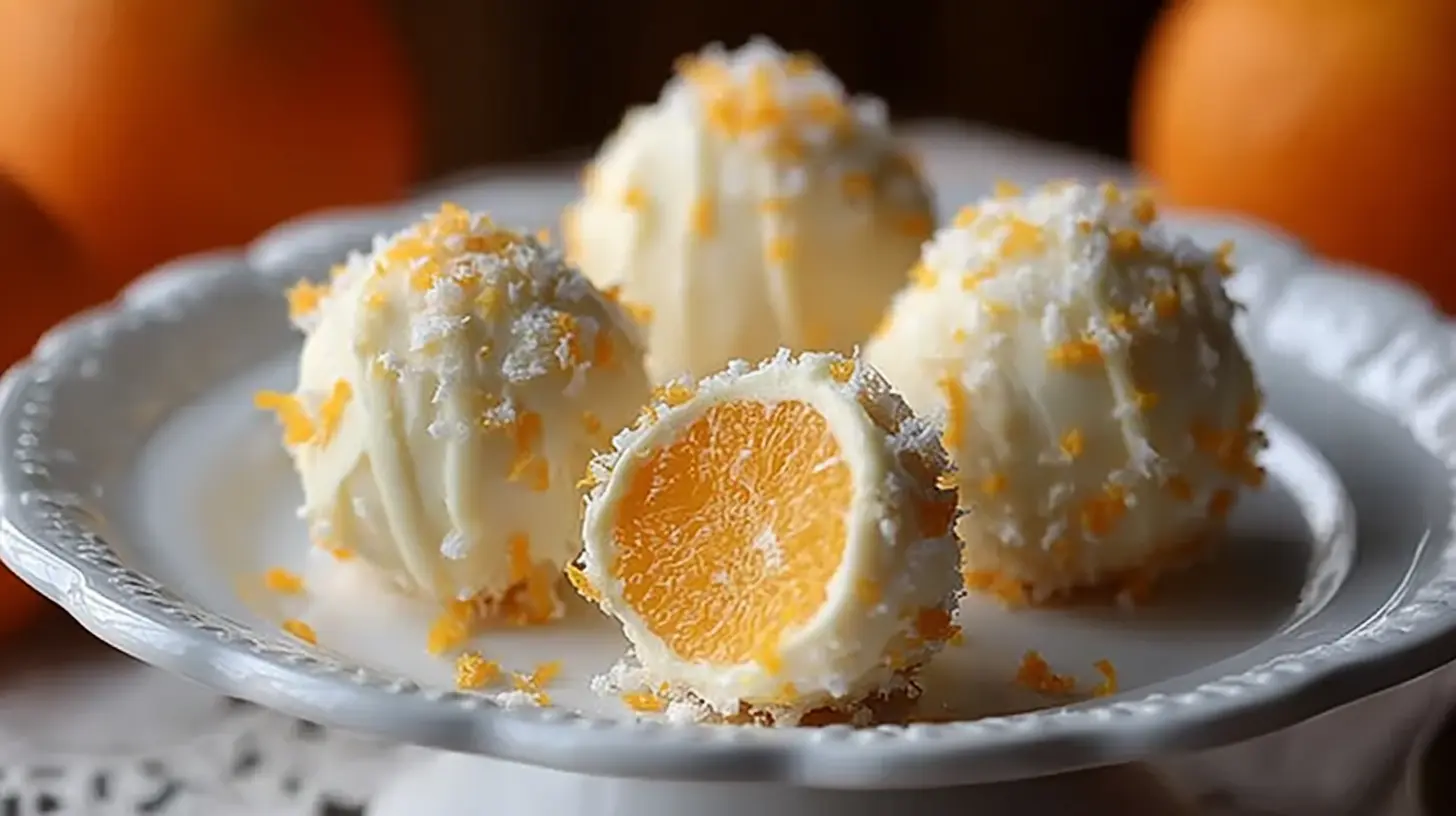 A close-up of creamy no-bake orange truffles dusted with cocoa powder.