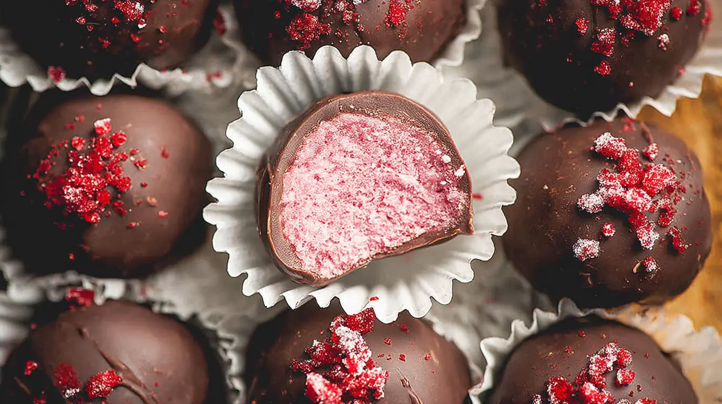 Close-up of creamy raspberry truffles, dusted with cocoa.