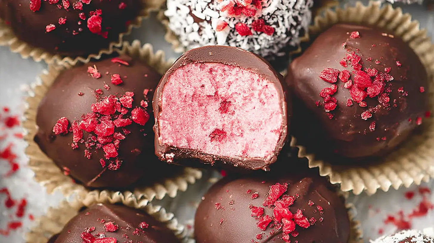 A close-up of creamy raspberry truffles, dusted with cocoa.
